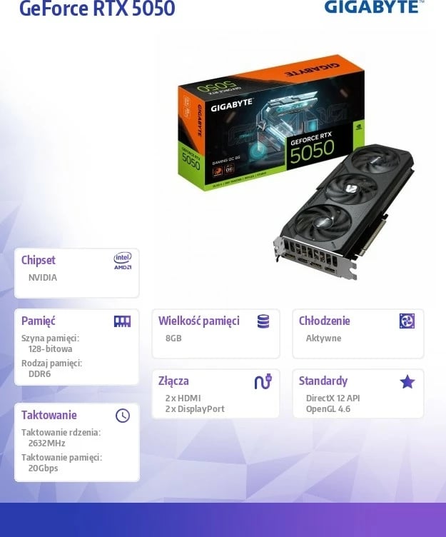 Kartelë grafike Gigabyte GeForce RTX 5050 GAMING OC, 8GB GDDR6, 128-bit, 3 ventilatorë, PCI-E 5.0