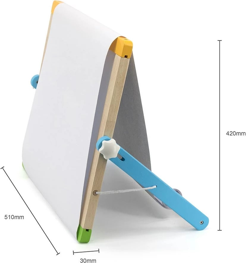 Tabelë magnetike druri, Viga, me dy anë (tabelë e bardhë + shkumës), set me 26 shkronja, 10 numra, 29 forma, me rul letre, multingjyrës