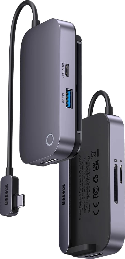 HUB Baseus PadJoy 6-në-1, USB-C, për tabletë/celular, Gri e errët