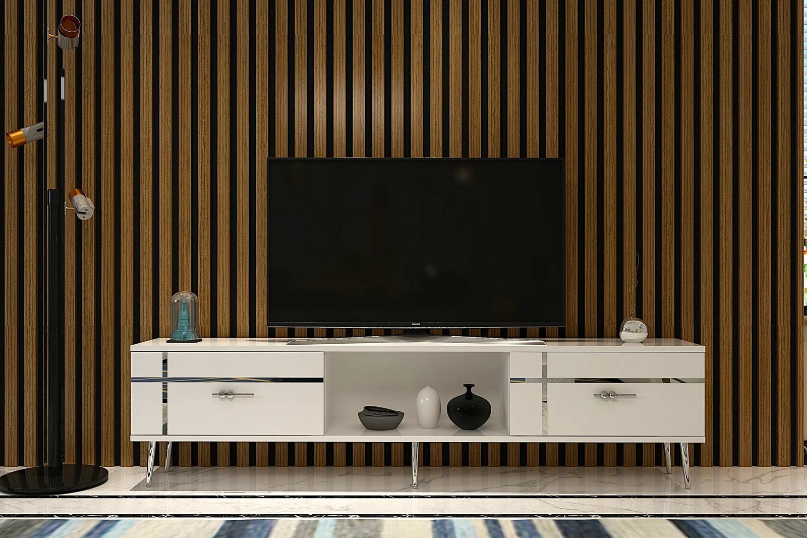 Komodë TV Skye Decor, ngjyrë e bardhë, argjend