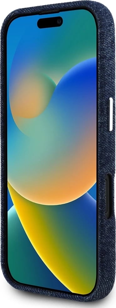 Mbështjellës Guess Denim Triangle Logo MagSafe për iPhone 16, Kaltër