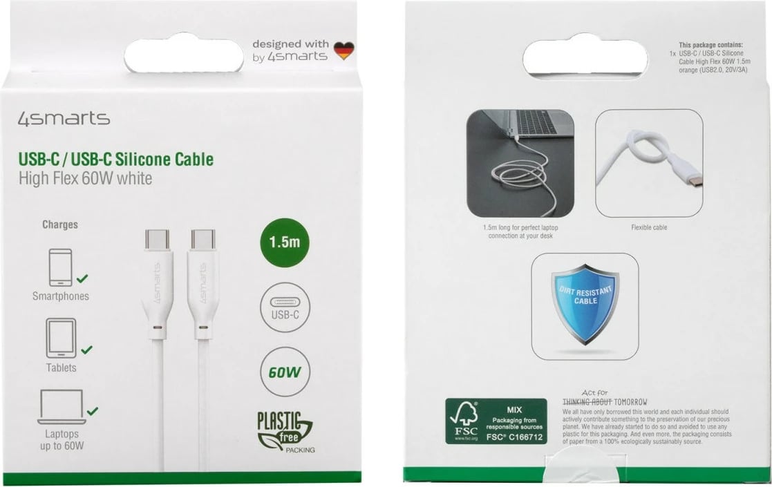 Kabëll USB C në USB C 4smarts 1.5m, Fast Charging, 60W, i bardhë Kabëll USB C në USB C 4smarts 1.5m, Fast Charging, 60W, i bardhë