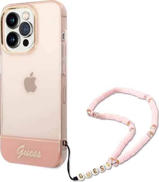 Mbështjellës Guess GUHCP14LHGCOHP për iPhone 14 Pro 6.1", hardcase, Translucent Pearl Strap, rozë
