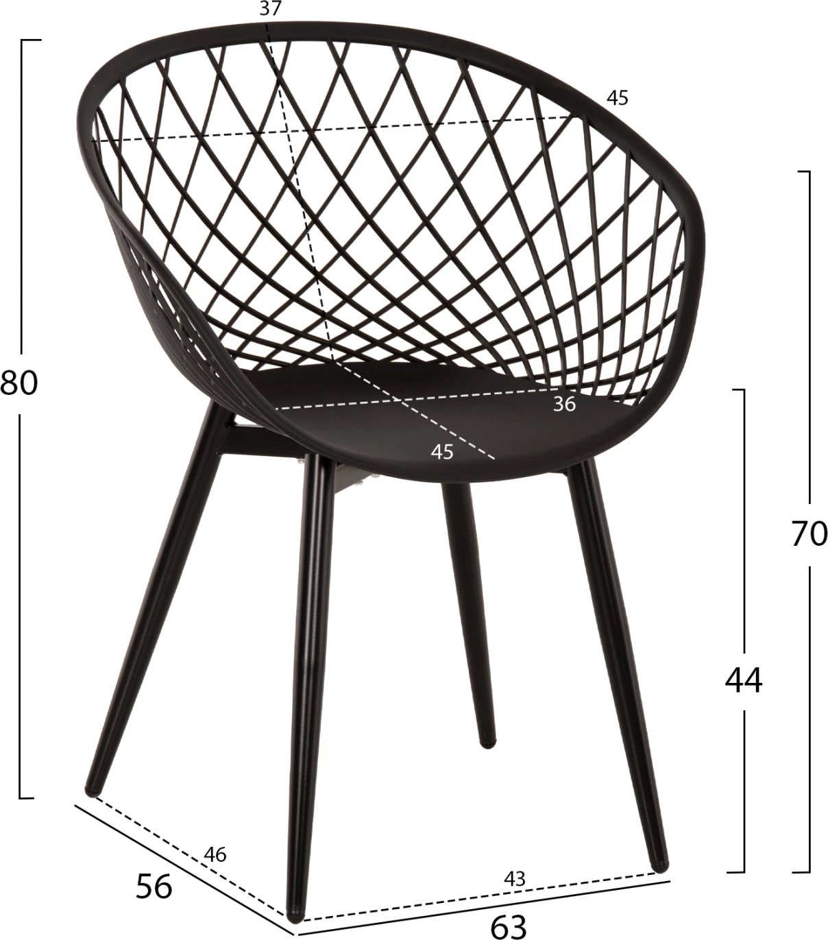 Karrige ARIADNE FH8001.22 polipropileni e zezë - këmbë metali të zeza 63x56x80Hcm., set prej 4 copësh
