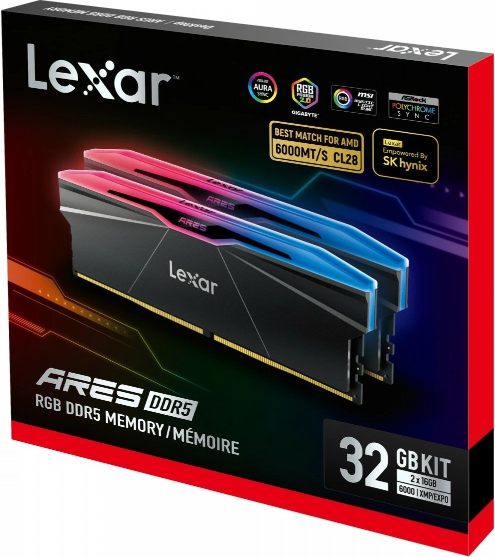 RAM Memorje Lexar ARES RGB Black DDR5, 32GB (2x16GB), 6000 MHz, CL28, me ndriçim RGB, Set