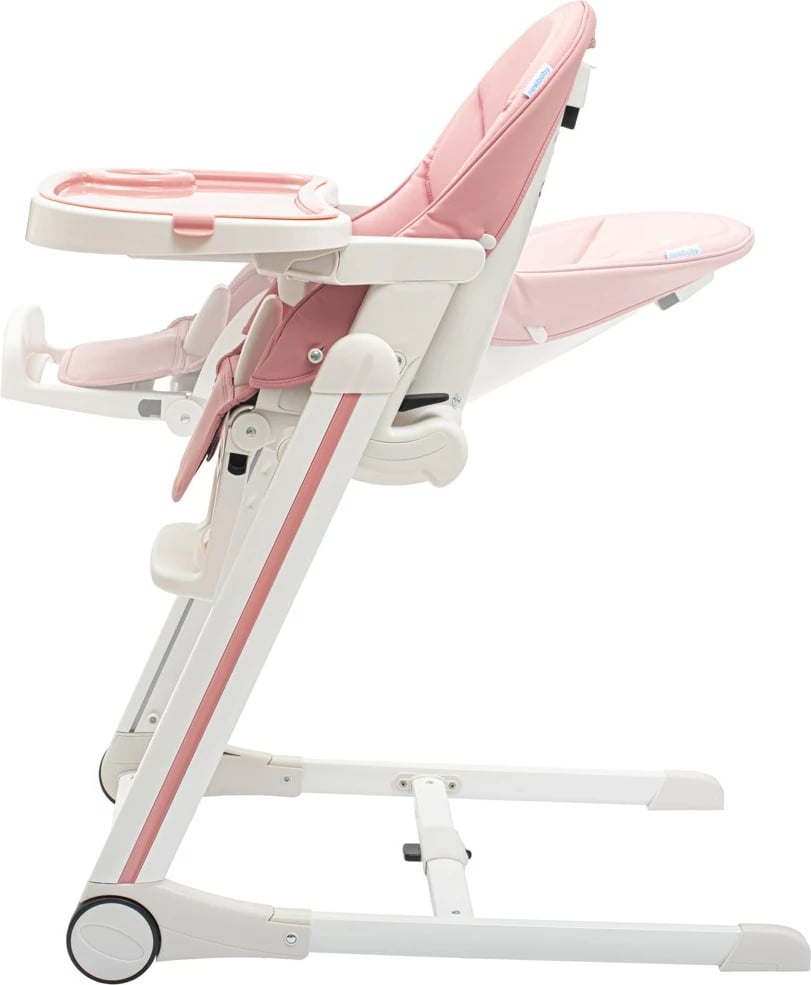 Karrige e lartë për bebe, NEW BABY Muka, shpinore me 6 pozicione, lartësi me 5 nivele, rripa sigurie 5-pikësh, tabaka dyshe, rrota me frenë, rozë dusty