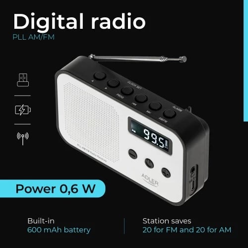 radio digjital PLL AM/FM, Adler, AD 1907, LCD, memorie 40 stacione, bateri 600 mAh, USB-C, e bardhë/zezë