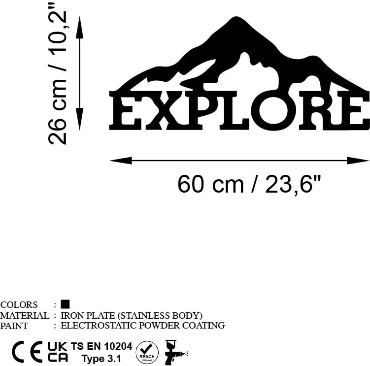 Aksesor dekorativ metalik për mur, Wallity Explore, ngjyrë e zezë, 60x26cm