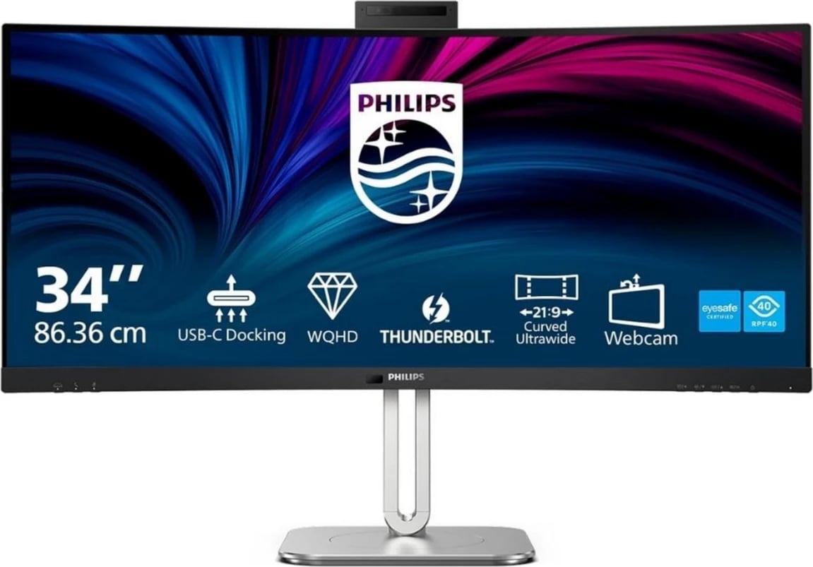 Monitor Philips 34B2U6603CH/00 34" WQHD 21:9 i lakuar me USB‑C Docking, Thunderbolt dhe kamerë, Silver/Black