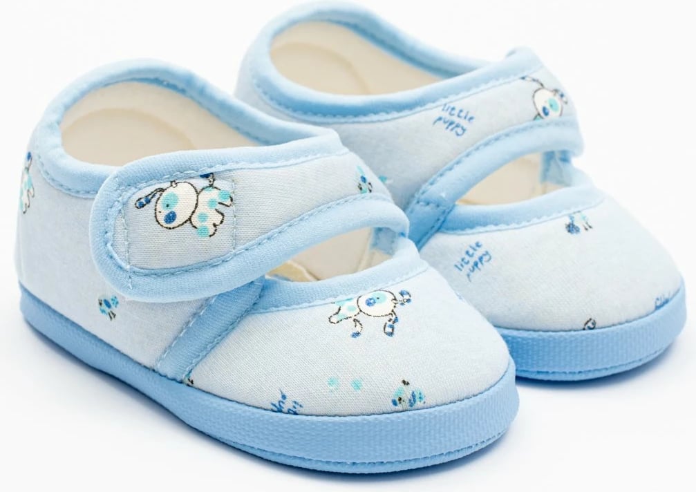 Papuçe bebe, NEW BABY, 0-3 m, pambuk 100%, shollë PVC pa BPA 10 cm, mbyllje me velcro, blu