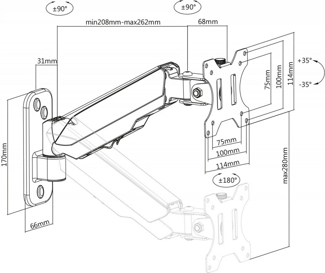 Mbajtës muri për monitor Digitus DA-90396, 17-32", sustë gazi, i zi mat