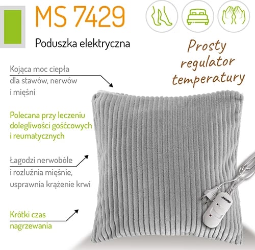 Jastëk ngrohës elektrik, Adler MS 7429, 38x38 cm, 2 nivele temperature, 80W max, gri