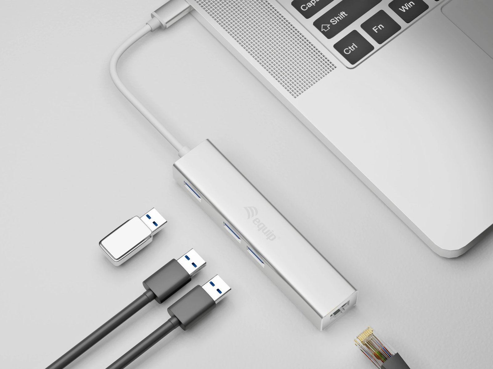 USB-C hub Equip 133481, 3 porte USB 3.0, Gigabit Ethernet, alumini, silver