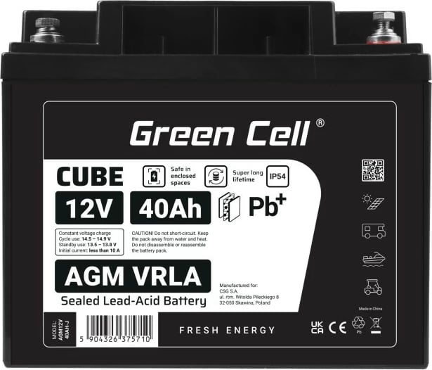 Bateri AGM VRLA, Green Cell, AGM12V40AH-J, 12V 40Ah IP54, e zezë