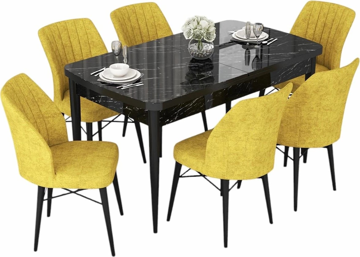 Tavolinë me karrige, zgjatshme, 7 copë, Skye Decor, ngjyrë mermeri të zi dhe mustard