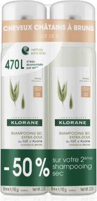 Shampon i thatë për flokë të kafta KLORANE Oatmeal, 2x150ml