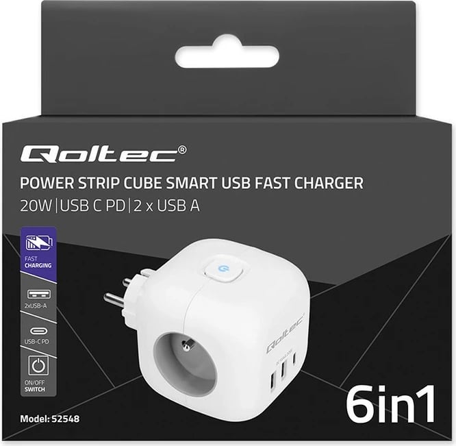 Prizë shumëfunksionale Qoltec 52548, 3x AC, 2x USB, 1x USB-C PD 20W, Bardhë