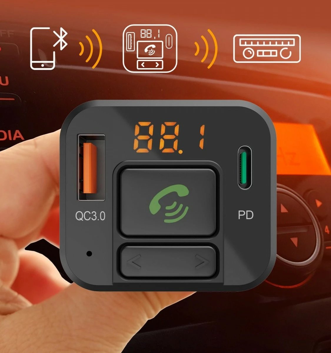 Transmetues FM me Bluetooth Hama 14169, karikues 20W, argjendtë