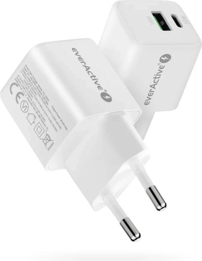 Adapter energjie GaN everActive SC-330Q, 20W, 1x USB, 1x USB-C, Bardhë