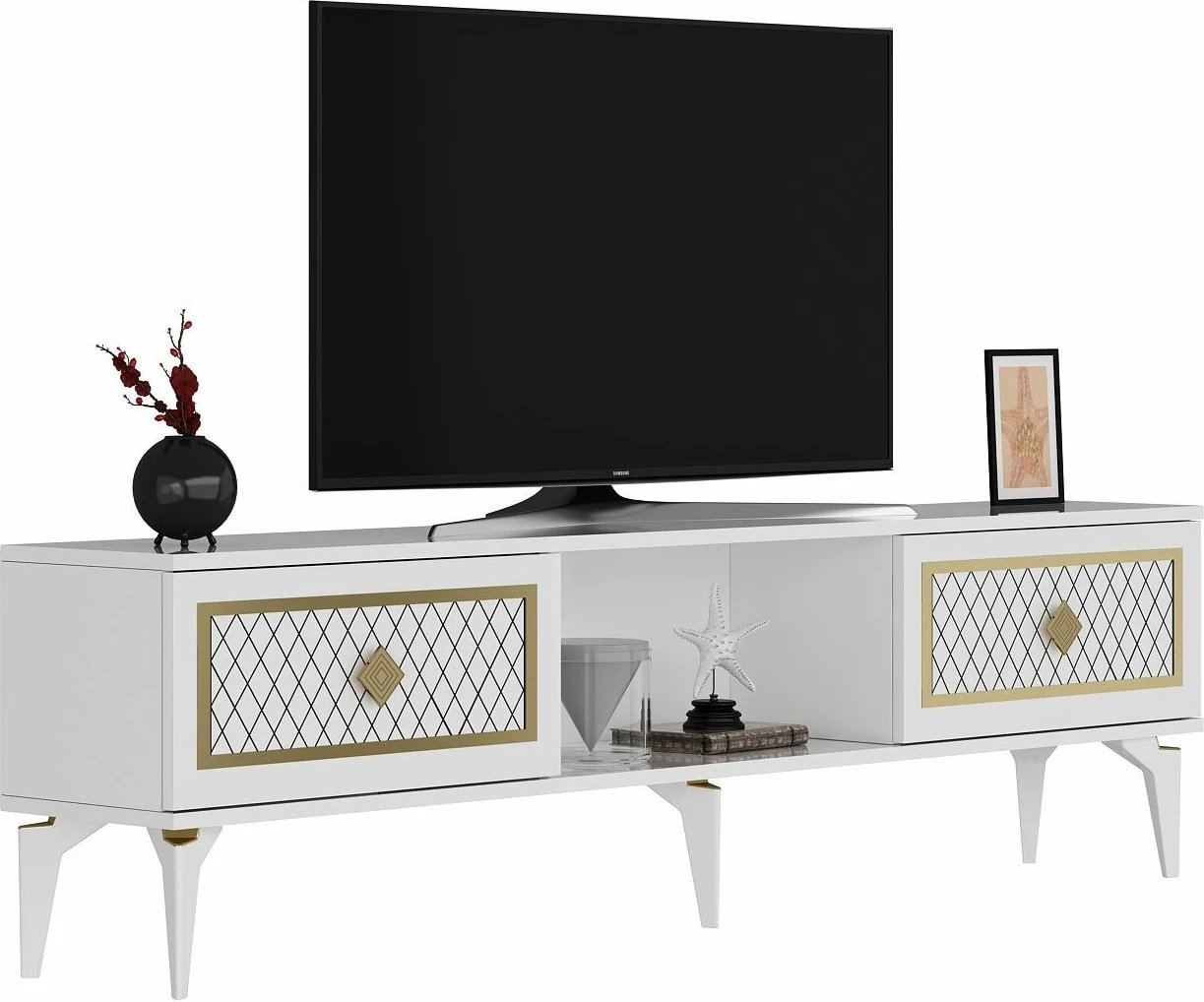 Komodë TV Skye Decor, e bardhë, ar