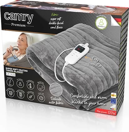 Batanije elektrike ngrohëse, Camry CR 7434, 160x180 cm, 7 nivele me timer 1-9 orë, LCD kontrollues, 110-120W, koral fleece, gri