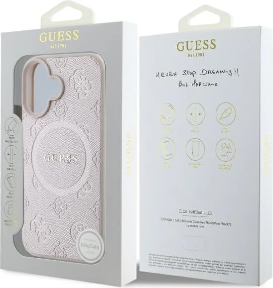 Mbështjellës Guess Saffiano Peony Classic Logo MagSafe për iPhone 16, Rozë