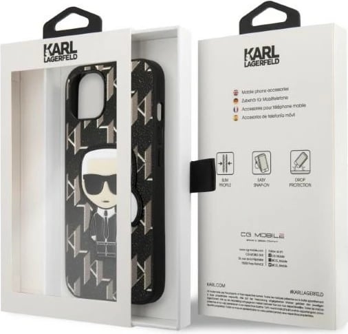 Mbështjellës Karl Lagerfeld KLHCP13SPMNIKBK për iPhone 13 mini, hardcase, Monogram Ikonik Patch, e zezë