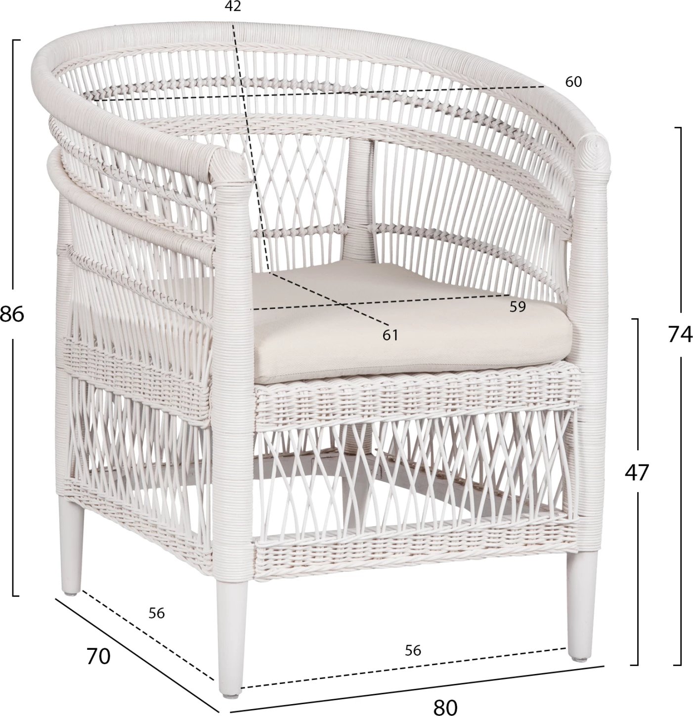 Karrige MALAWI FH9635.02 dru mahogany me rattan, jastëk i bardhë-bardhë 80x70x86Hcm