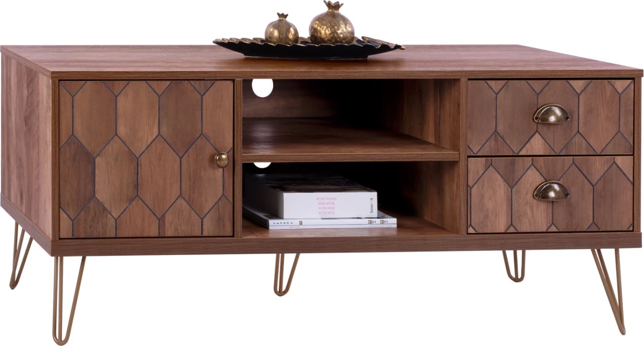 Mobilje TV Philippa, ngjyrë arre me detaje të arta, FH8674, 130x39,5x51 cm