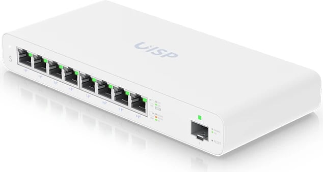 Switch rrjeti UISP, 8 porta Gigabit PoE, 1 portë SFP, i bardhë