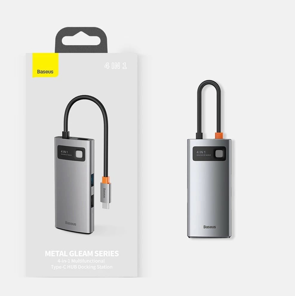 HUB multifunksional Baseus Metal Gleam 4-në-1, USB-C, HDMI 4K, Power Delivery 100W, Gri