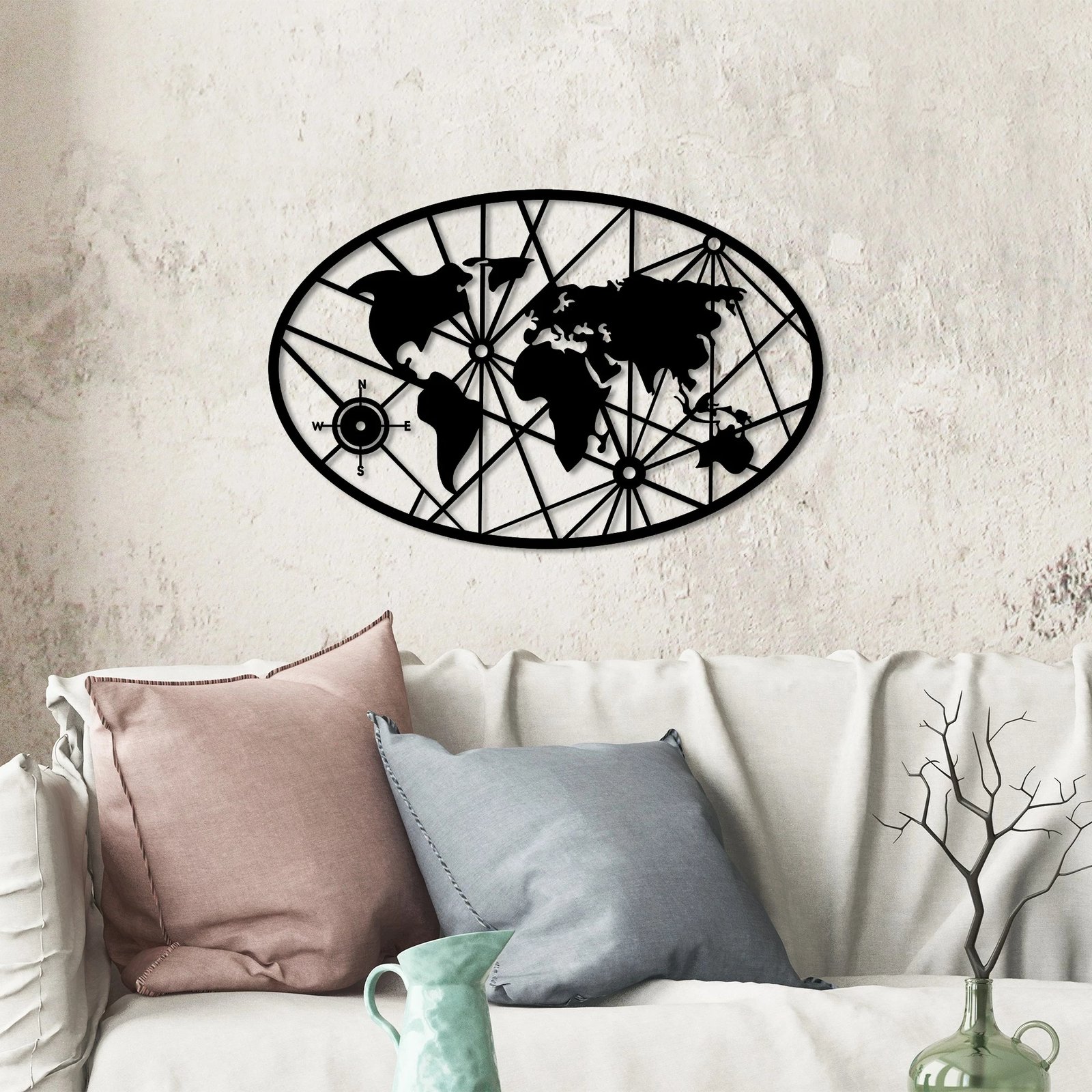 Aksesor dekorativ metalik për mur, hartë bote, Wallity, 50x77cm, ngjyrë e zezë