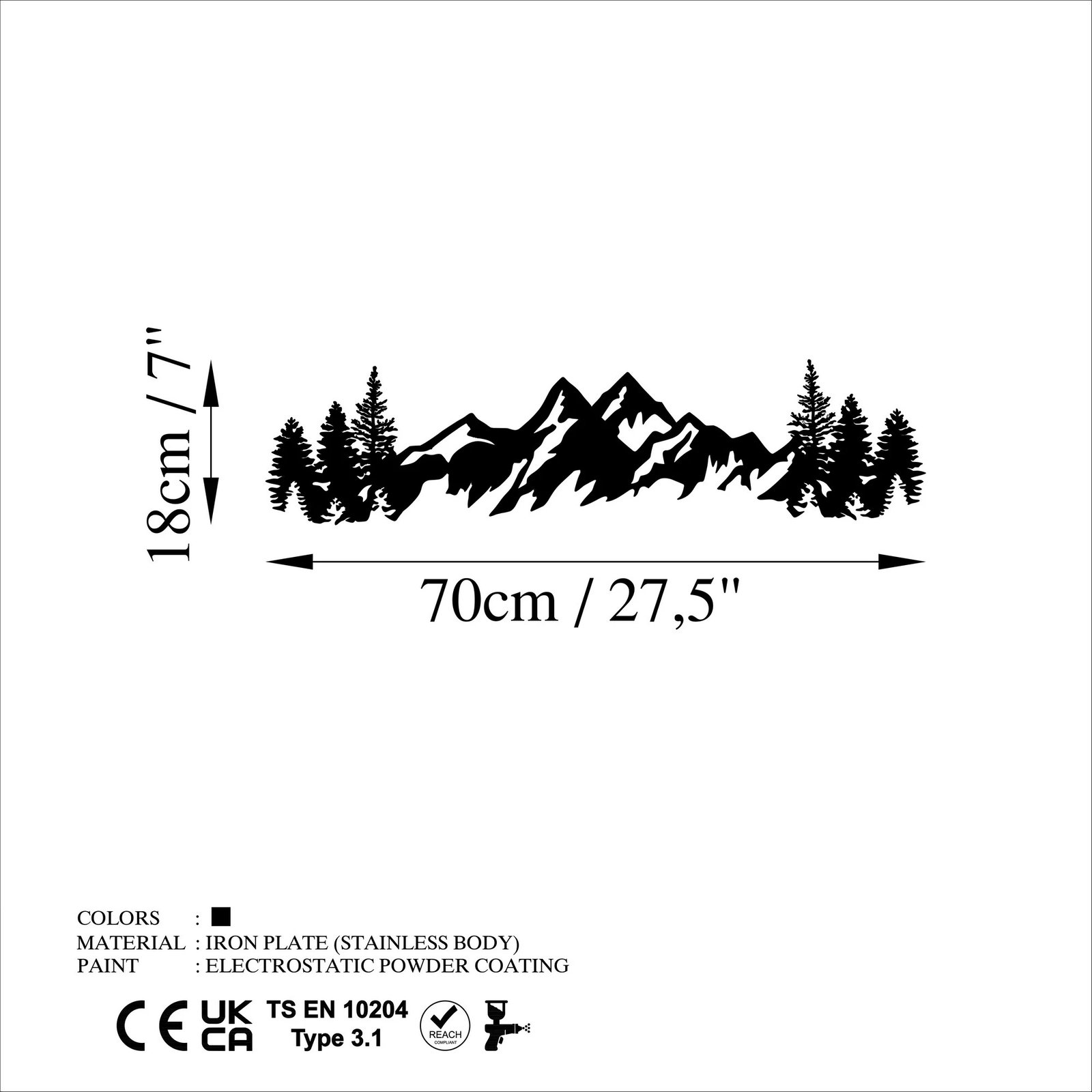 Aksesor dekorativ metalik për mur, pamje mali, Wallity, i zi, 70x18cm