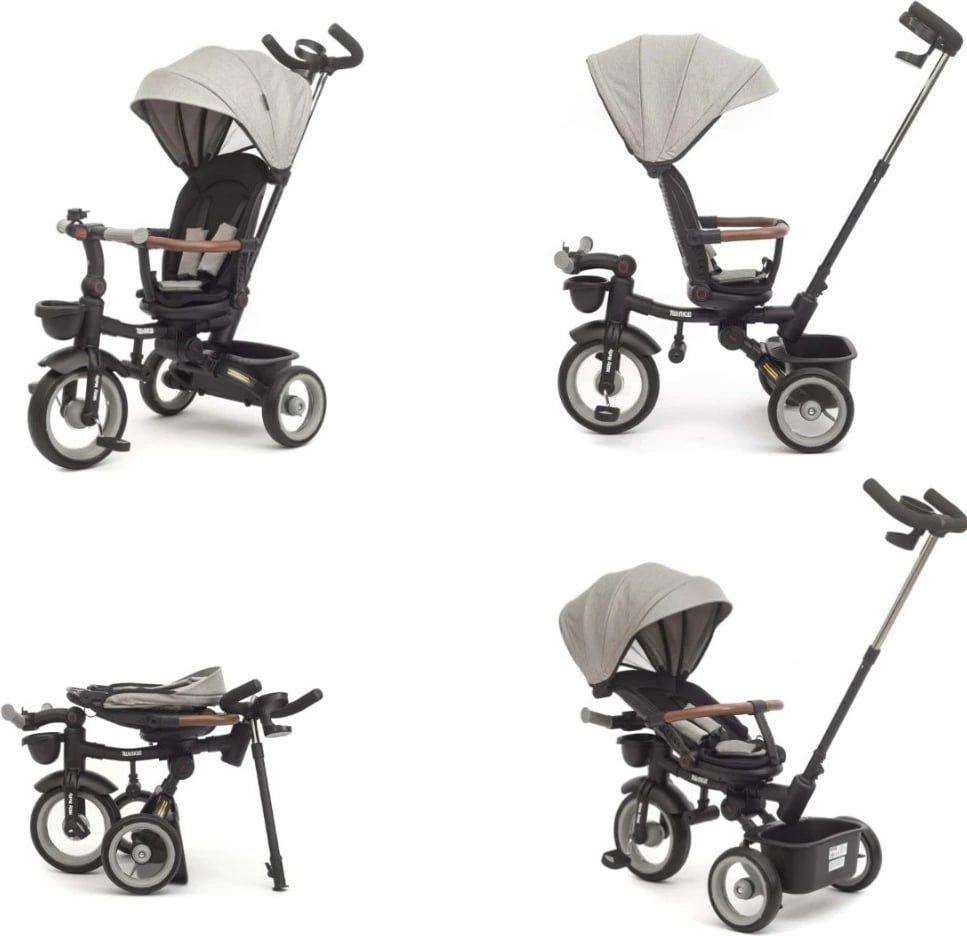 tricikletë për fëmijë, Milly Mally Twinkle, sedilje rrotulluese 180°, timon prindëror i rregullueshëm, dritë LED, kornizë çeliku, gri