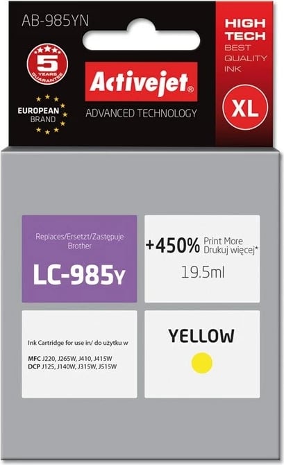 Ngjyrë zëvendësuese Activejet AB-985YN për printer Brother, 19.5ml, e verdhë