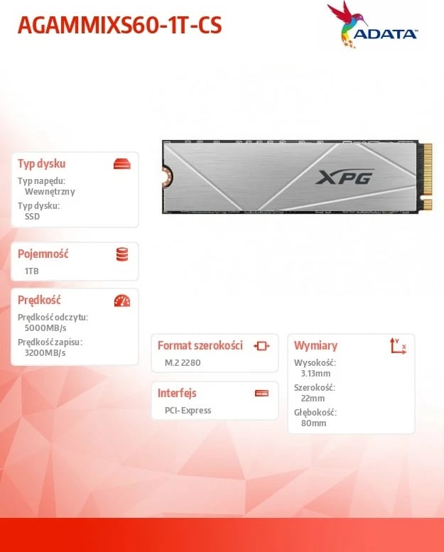 SSD Adata XPG GAMMIX S60, 1TB, M.2 2280, PCIe 4x4, Argjend