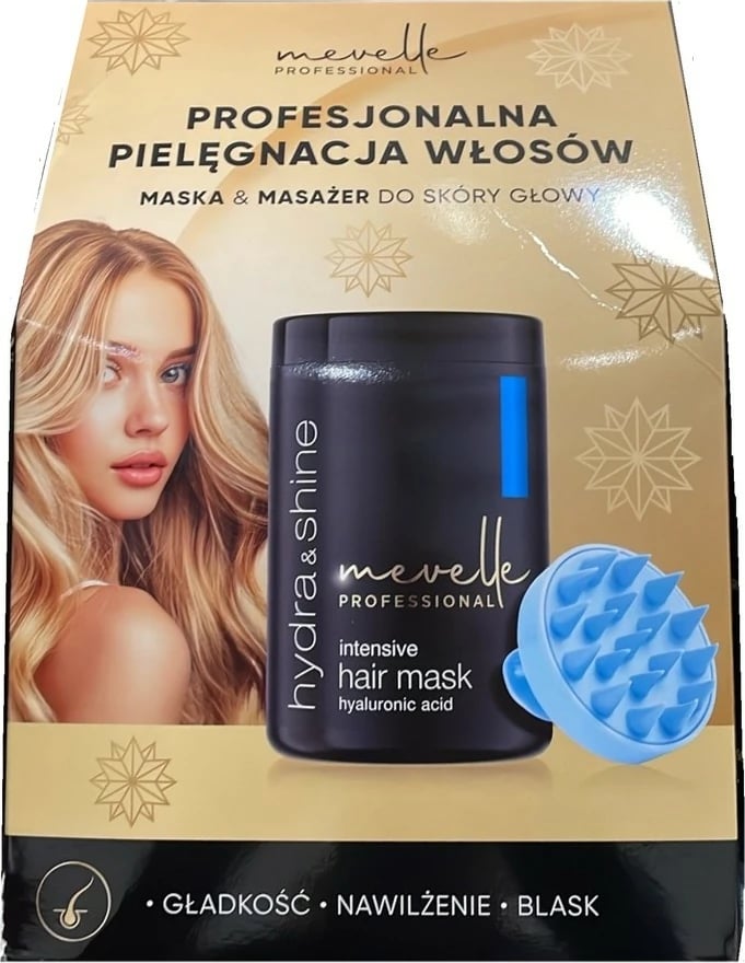 Set maskë për flokë + masazhator skalpi Mevelle Professional Hydra & Shine për femra, 900ml