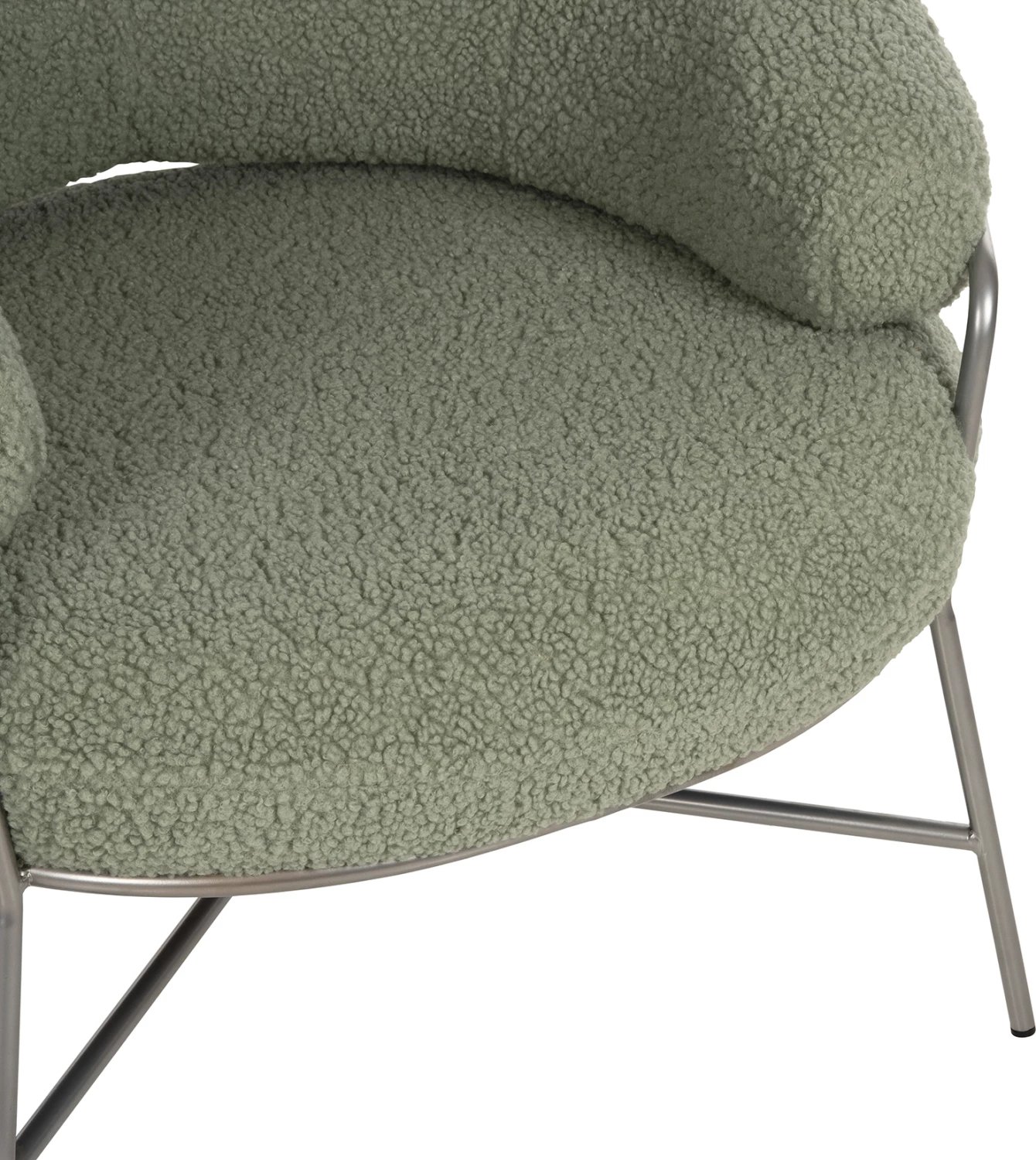 Fotelje TRUDI FH8639.27, ngjyrë fistik, pëlhurë boucle dhe kornizë metalike argjendi, 84x79x76H cm