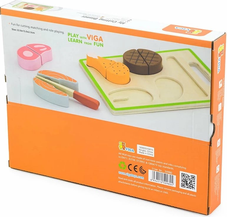 set prerjeje druri, Viga Lunch, për fëmijë 18m+, me dërrasë dhe thikë druri, 22x15x2.5 cm, multicolor