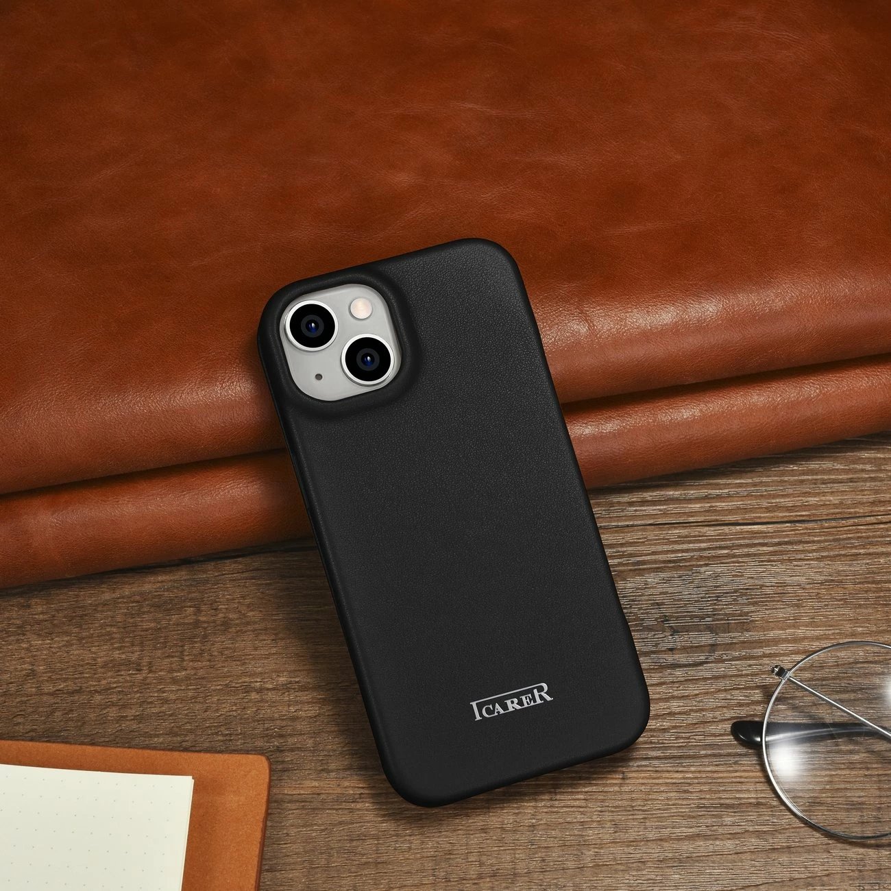 Mbështjellës iCarer CE Premium lëkurë për iPhone 14 Plus, MagSafe, i zi