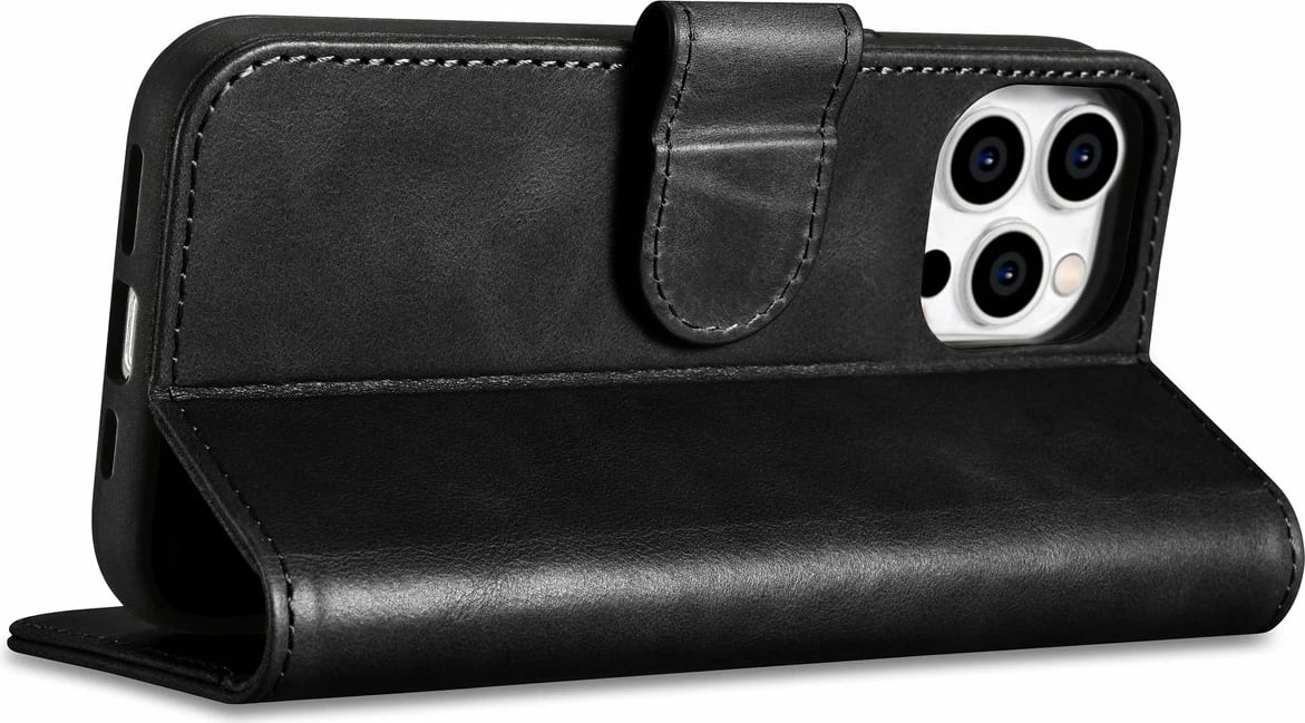 Mbështjellës iCarer Oil Wax Wallet Case 2in1 për iPhone 14 Pro, lëkurë natyrale, Anti-RFID, e zezë