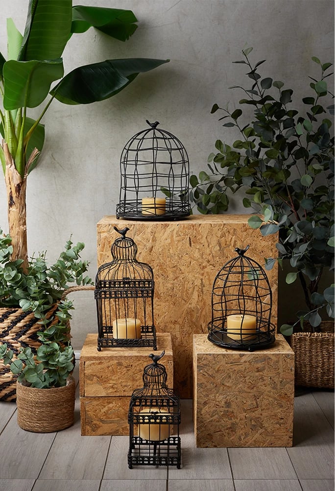 Set dekorativ kafazësh Daisy, 2 copë, metal i zi, qelq, 20x20x46cm