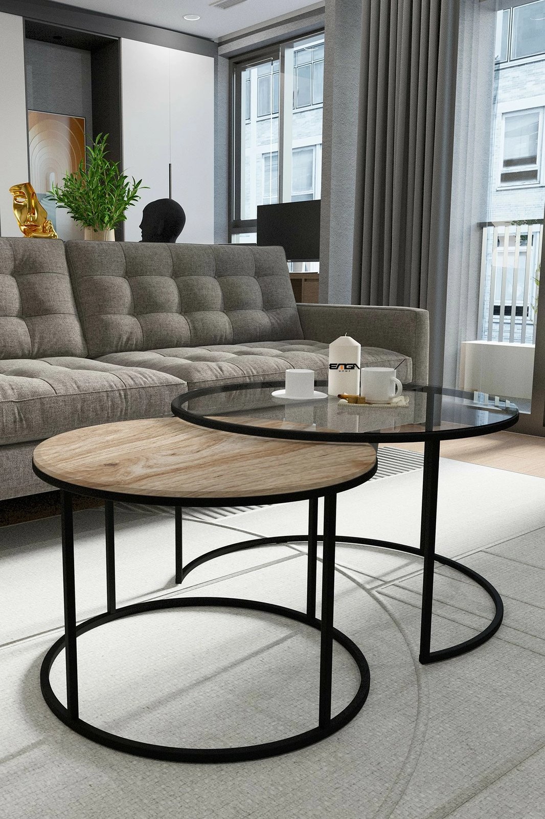 Tavolinë kafeje Skye Decor, Kyoto, xham transparent, fund ngjyrë pishë antike