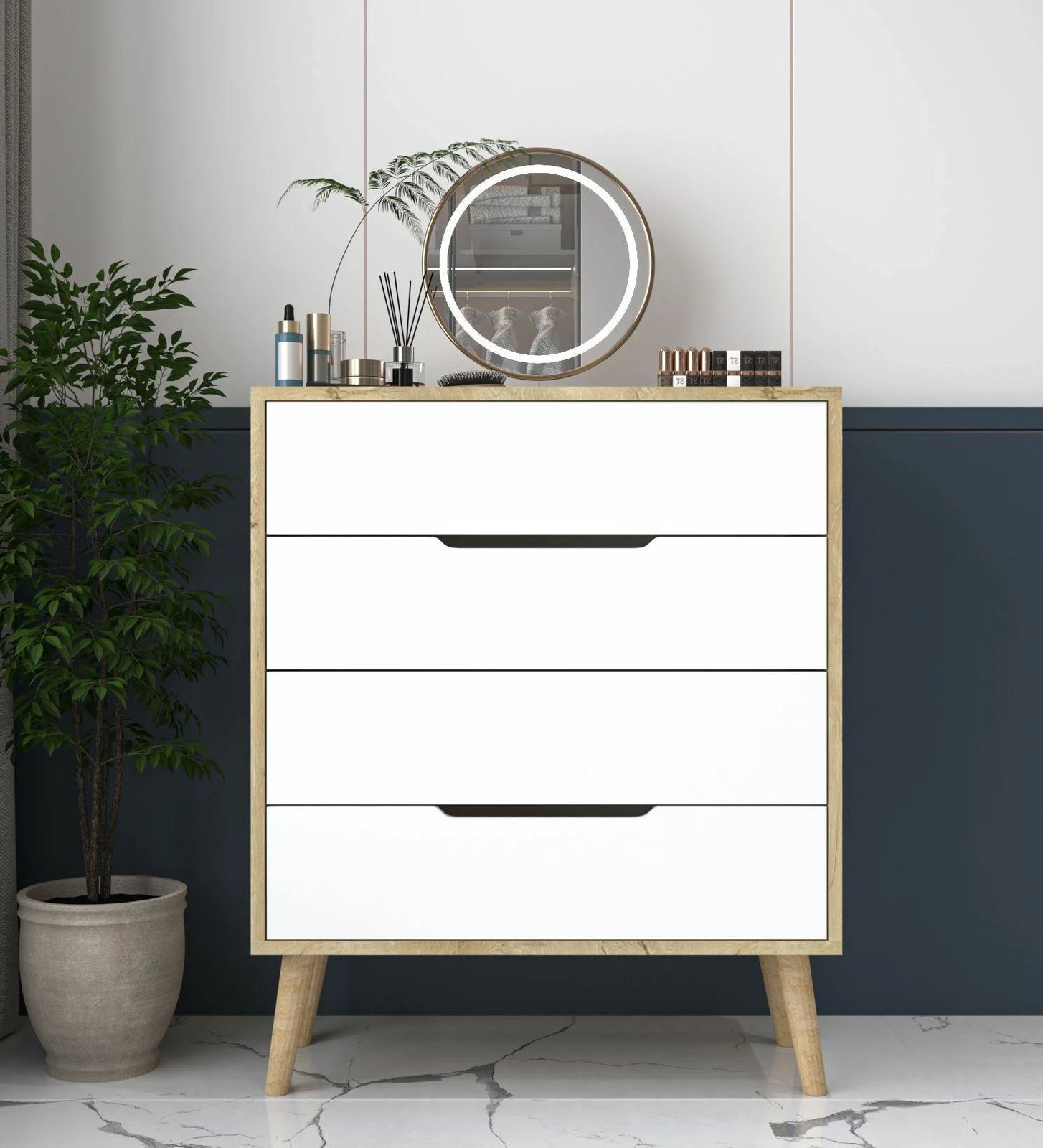 Komodë Skye Decor, ngjyrë lisi Sapphire, e bardhë