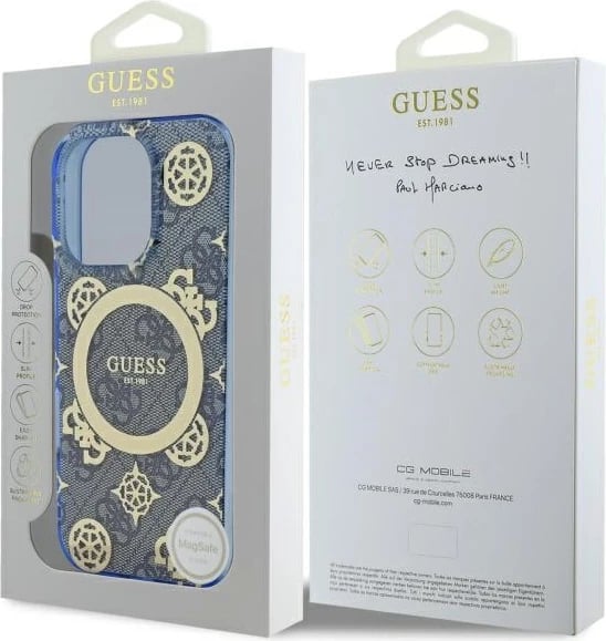 Mbështjellës Guess Peony On 4G MagSafe për iPhone 16 Pro, Blu