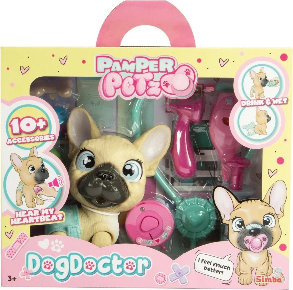 Set veterinari lodër Pamper Petz Simba 105950056, French Bulldog, me 10+ aksesorë, për fëmijë, Kafe