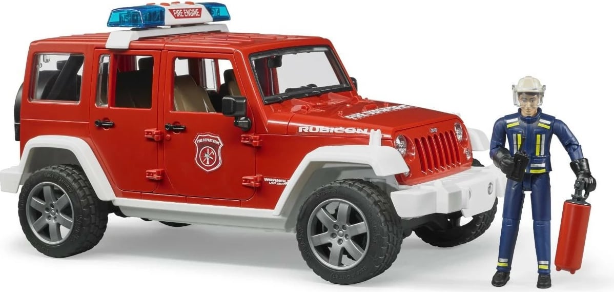 Makina lodër BRUDER Jeep Wrangler zjarrfikës BR-02528, shkallë 1:16, modul dritë/tingull, me figurë, e kuqe/zezë/bardhë