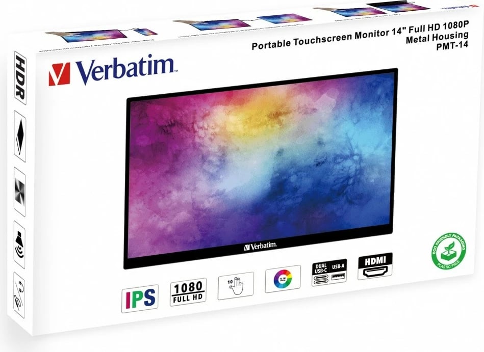 Monitor portativ me prekje, Verbatim PMT-14, 14" Full HD IPS, 10-pika, altoparlantë të integruar, USB‑C/HDMI, i zi