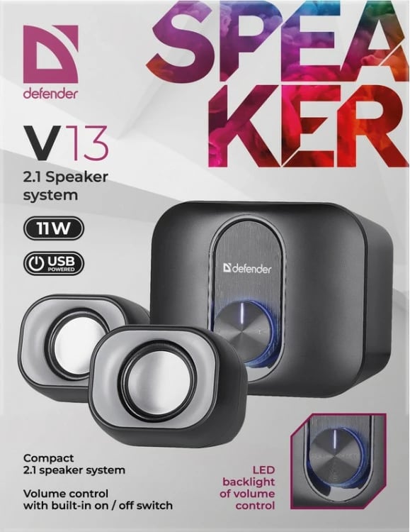 Kasë zëri Defender V13 2.1, 11W, USB, LED, E zezë