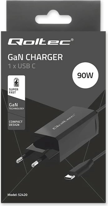 Karikues muri Qoltec 52420, 90W GaN, USB-C 3.1, i zi